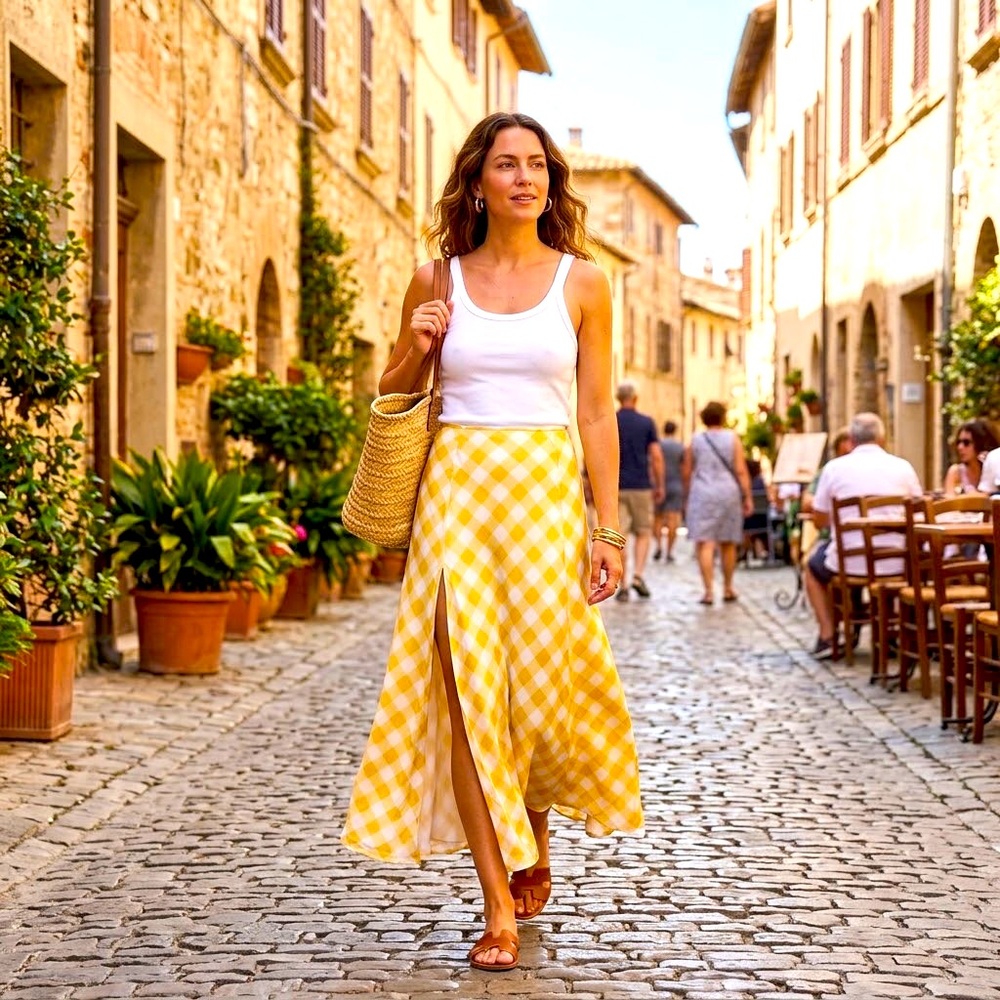 Reformation Yellow Gingham High-Waisted Midi Skirt with Side Slit - Size 2